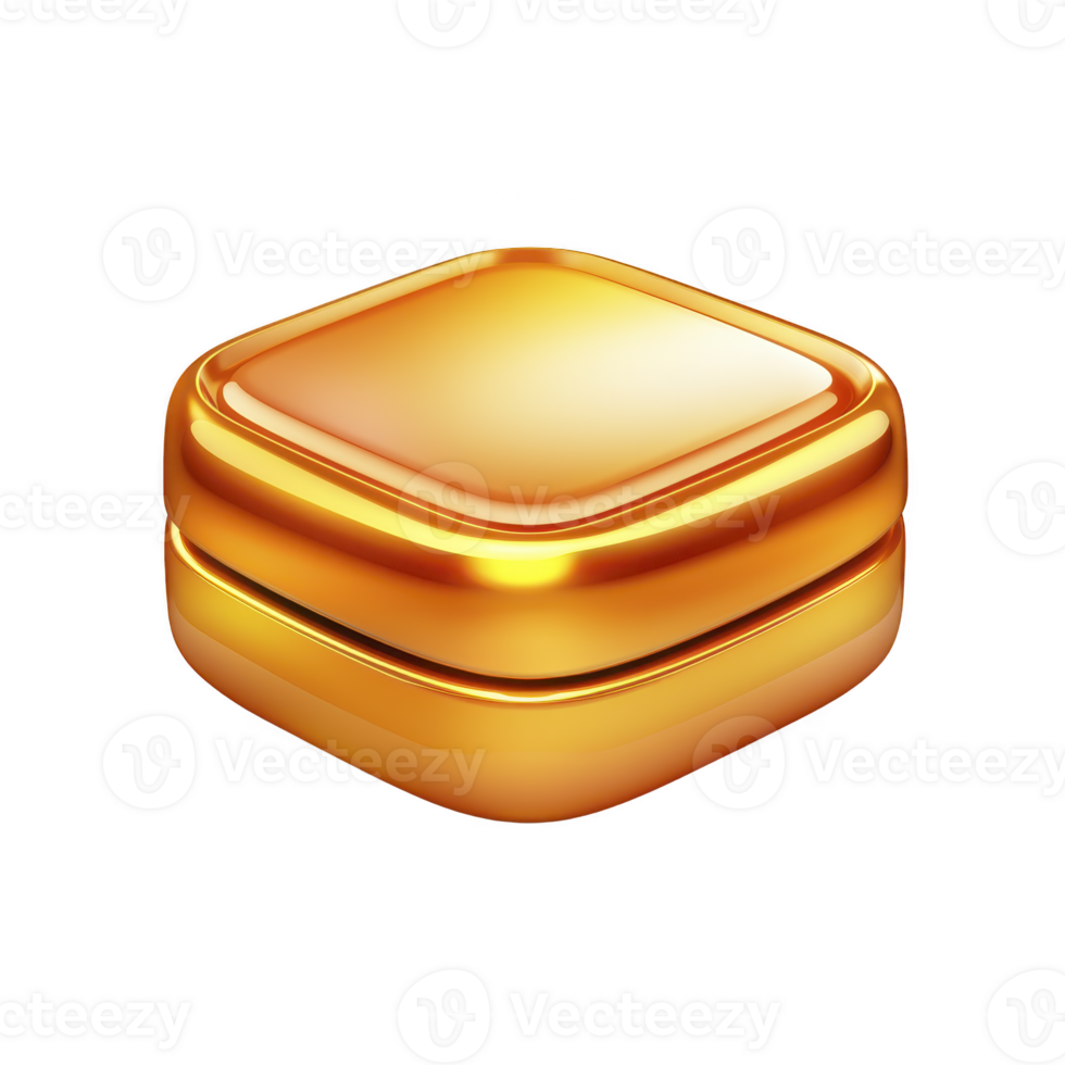shiny, golden, square shaped jewelry box with smooth surface and rounded edges, reflecting light beautifully. luxurious appearance suggests it is used for storing precious items png