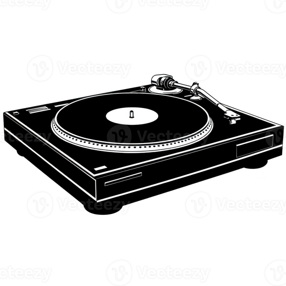 black and white illustration of vintage turntable, showcasing its classic design with tonearm and platter, evokes sense of nostalgia and appreciation for analog music png