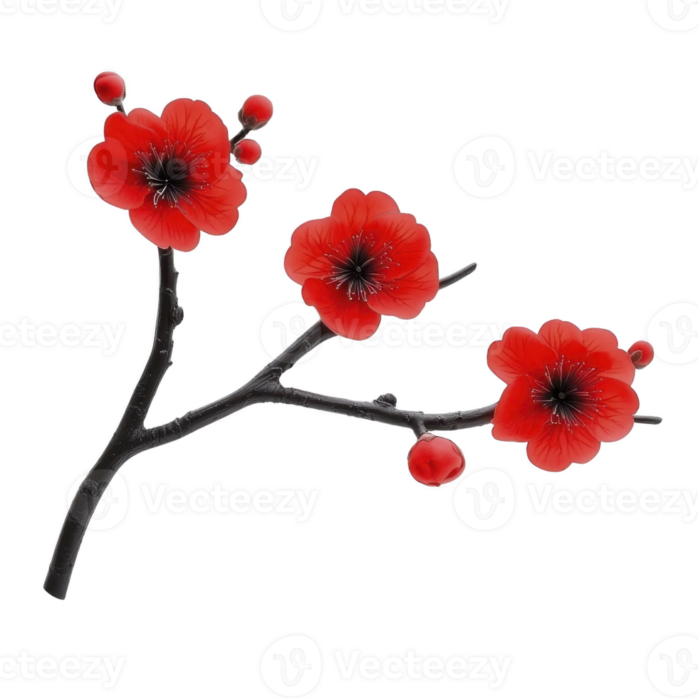 delicate branch of vibrant red cherry blossoms with dark stems, showcasing beautiful contrast and natural elegance. flowers are in full bloom, exuding sense of tranquility and beauty png