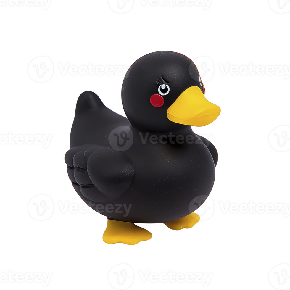 cute black rubber duck with yellow beak and feet, featuring red cheeks and playful expression, perfect for bath time fun or as whimsical decoration png