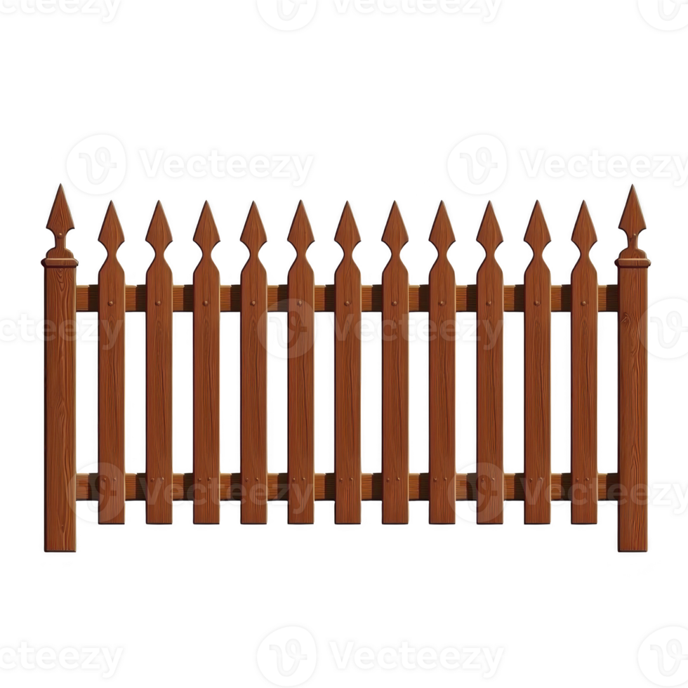 wooden picket fence with pointed tops stands upright, showcasing classic design. rich brown color and vertical slats create traditional and rustic appearance png