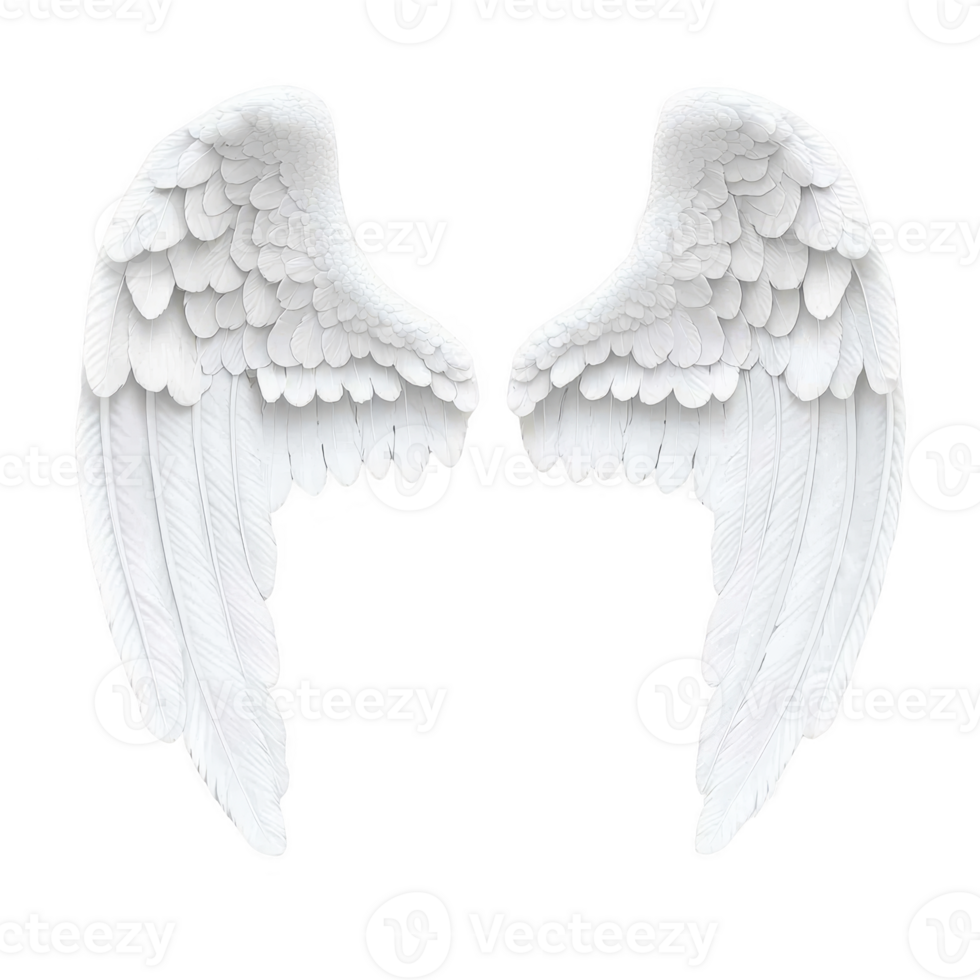 pair of detailed white angel wings with layered feathers, symbolizing purity and grace. wings are symmetrical and have soft, ethereal appearance, evoking sense of serenity png