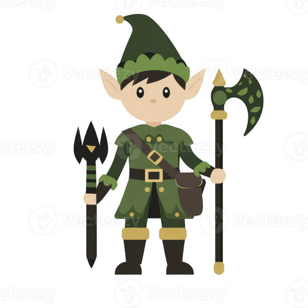 cute cartoon elf character in green attire holds spear and shield, showcasing whimsical fantasy theme. elf pointed ears and hat add to magical charm png