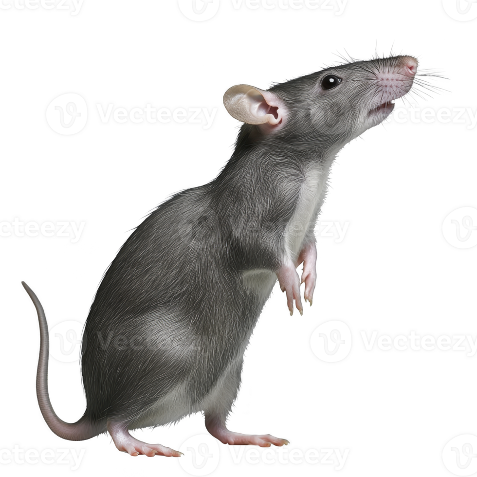 curious gray rat stands on its hind legs, showcasing its whiskers and pink paws against transparency background. rodent attentive posture and sleek fur highlight its alert nature png