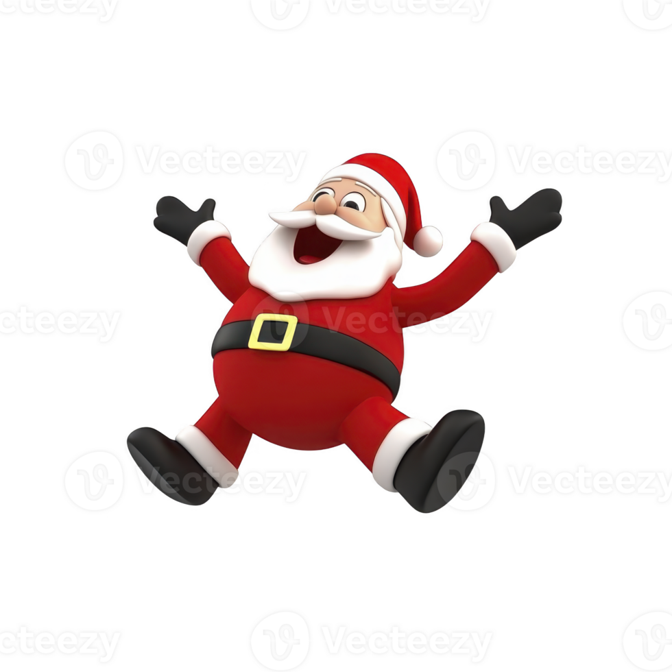 joyful cartoon Santa Claus is jumping with excitement, wearing his classic red suit and black boots, spreading holiday cheer. His arms are raised, and he has big smile on his face png