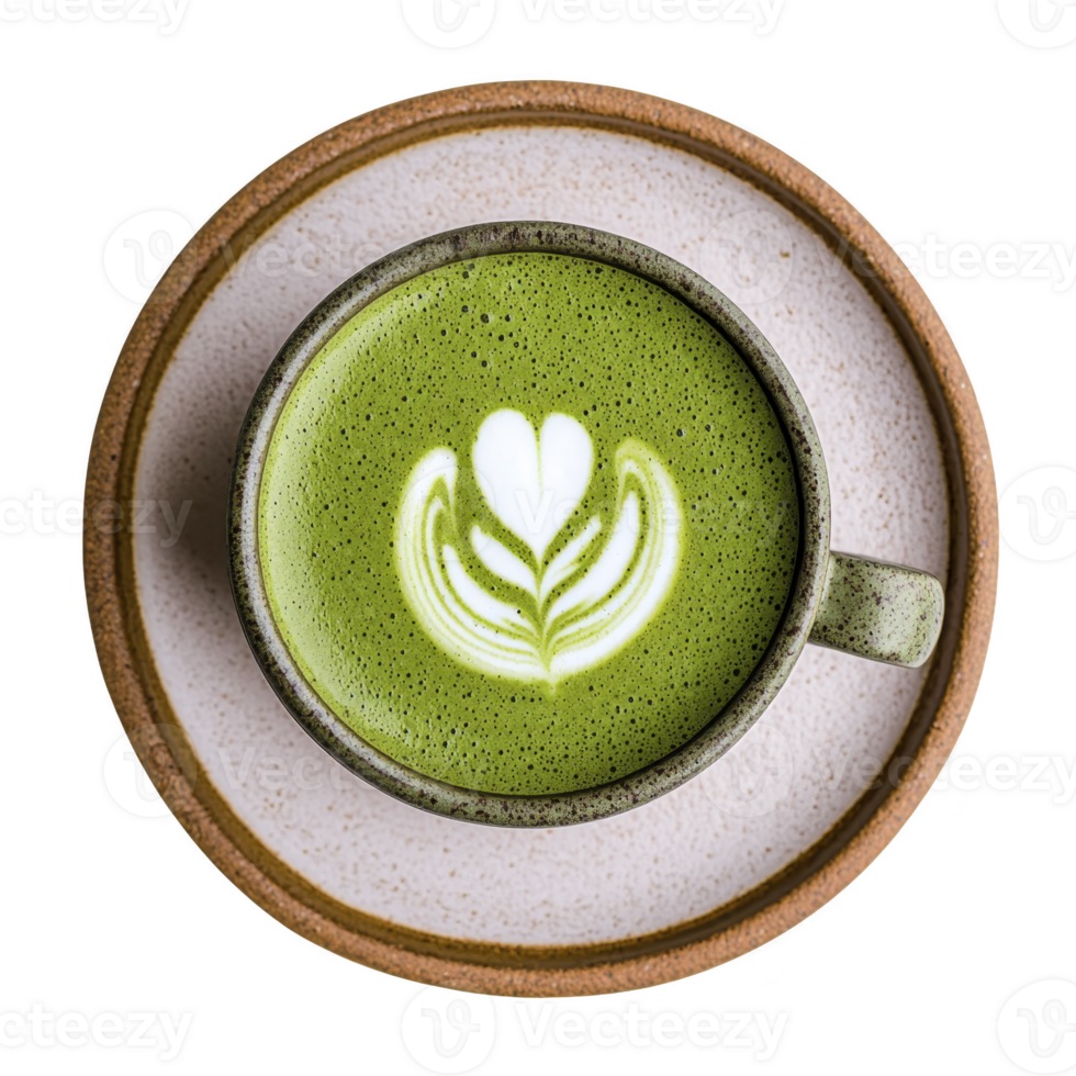 belas trabalhada matcha café com leite com intrincado café com leite arte senta dentro rústico cerâmico copo em Coincidindo pires, exibindo vibrante verde matiz e cremoso textura png