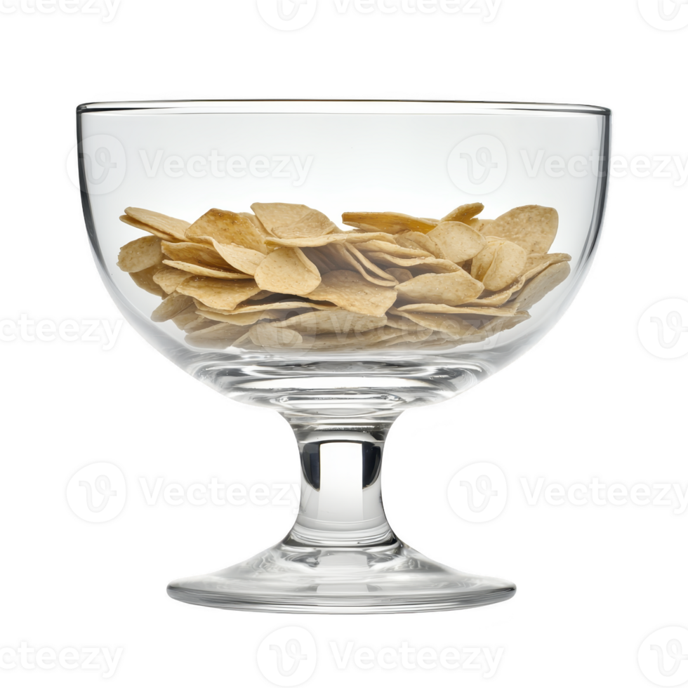 clear glass bowl filled with crispy, golden chips is elegantly displayed, highlighting contrast between transparent glass and textured snack. simplicity of presentation emphasizes inviting nature png
