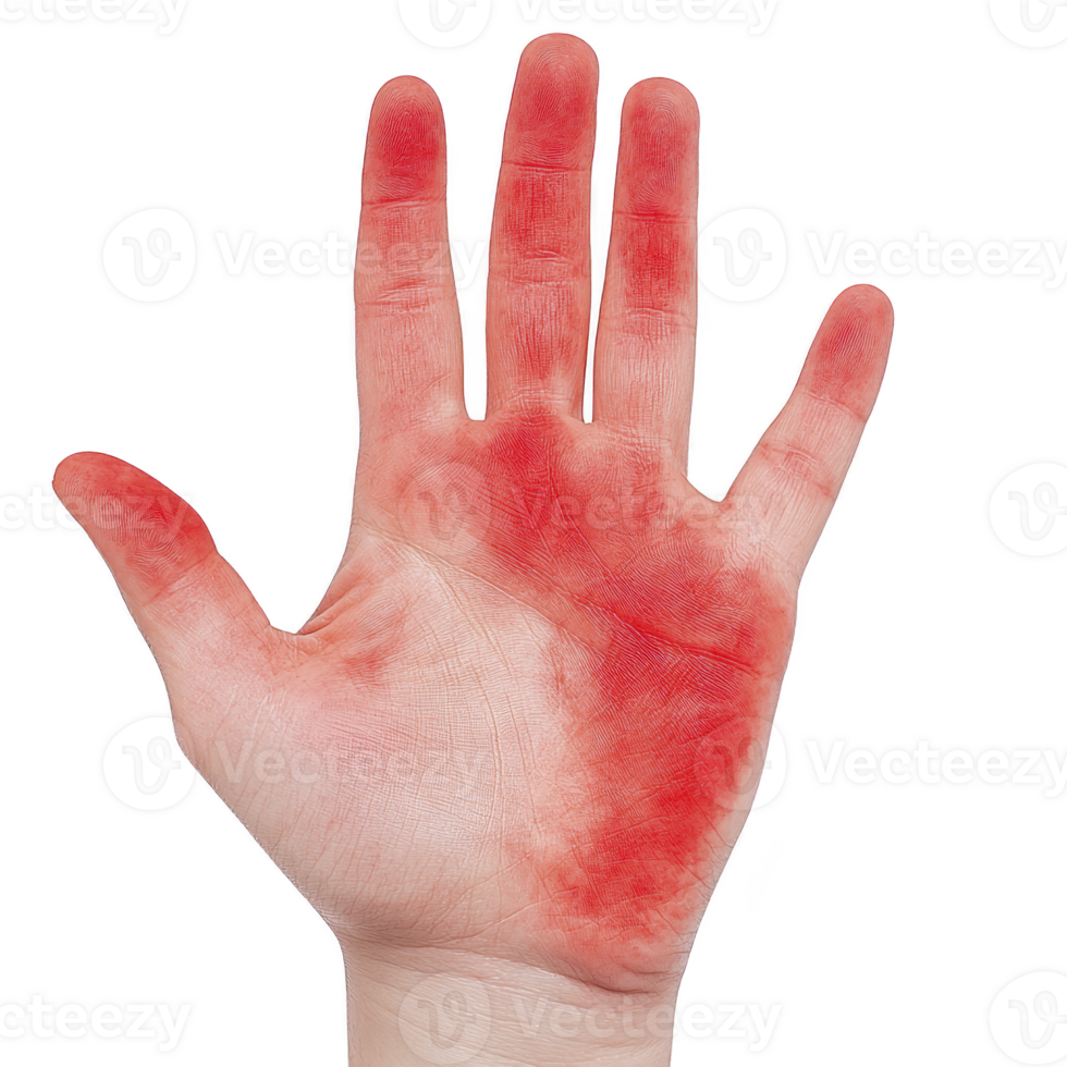 hand with red paint covering palm and fingers is raised against transparency background, creating striking visual contrast. image evokes sense of creativity and bold expression png