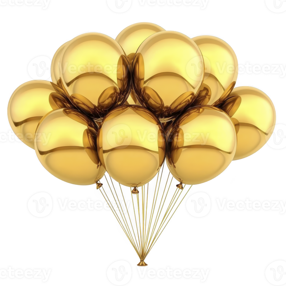 cluster of shiny golden balloons tied together, creating festive and celebratory atmosphere. balloons reflect light, adding touch of elegance and joy to any event png