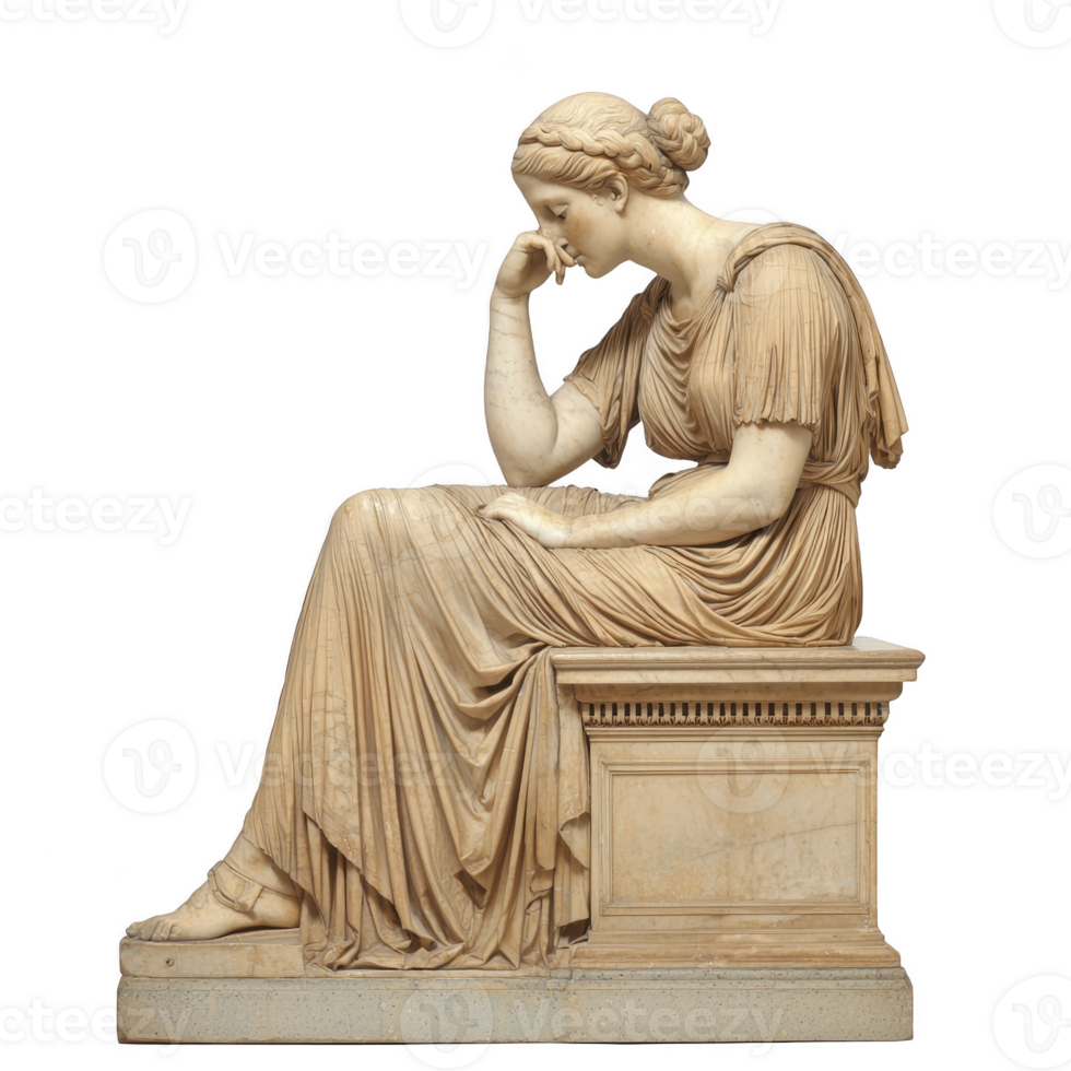 Classical marble statue of seated woman in thoughtful pose, draped in flowing robes, showcasing intricate details and serene expression, symbolizing contemplation and grace png