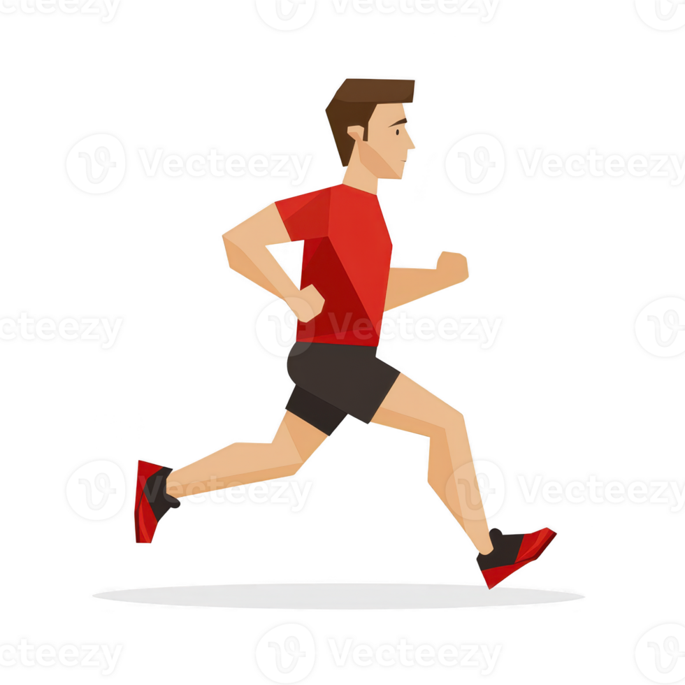 digital illustration of person running, wearing red shirt and black shorts, captures dynamic motion and energy of exercise. minimalist style emphasizes movement and athleticism png
