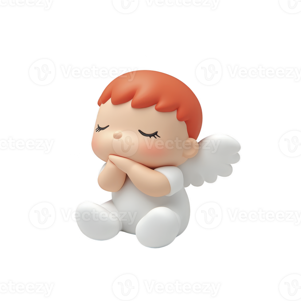 cute, small angel figurine with red hair and white wings sits peacefully with closed eyes, wearing white outfit. serene expression adds sense of calm and innocence png