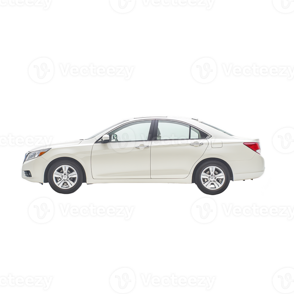 sleek white sedan car is shown in side view, highlighting its modern design and smooth lines. vehicle is isolated on transparency background, emphasizing its elegant and contemporary style png