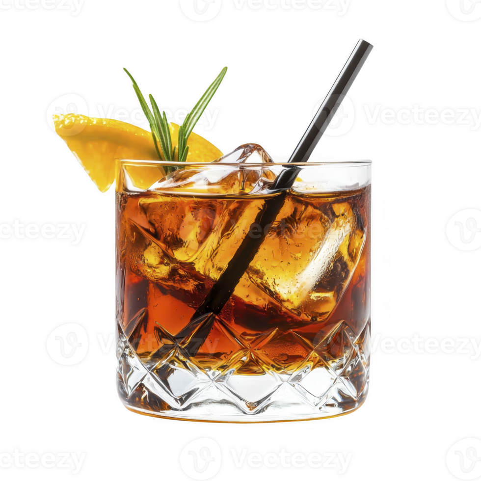 refreshing cocktail in crystal glass with ice cubes, garnished with orange slice and rosemary, evokes sense of elegance and sophistication png