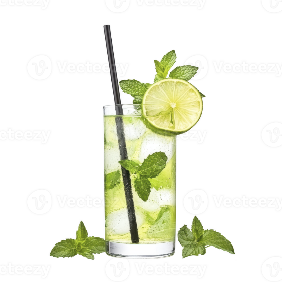 refreshing glass of mojito with lime slice and mint leaves, served with ice cubes and straw, evokes sense of coolness and relaxation png