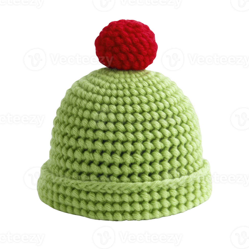 cozy green knitted beanie with vibrant red pom pom on top, perfect for winter warmth and style. hat texture and color make it cheerful accessory png