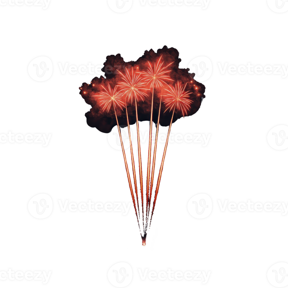 vibrant display of red fireworks bursts against dark sky, creating festive and celebratory atmosphere. bright trails and sparkling effects add excitement to scene png