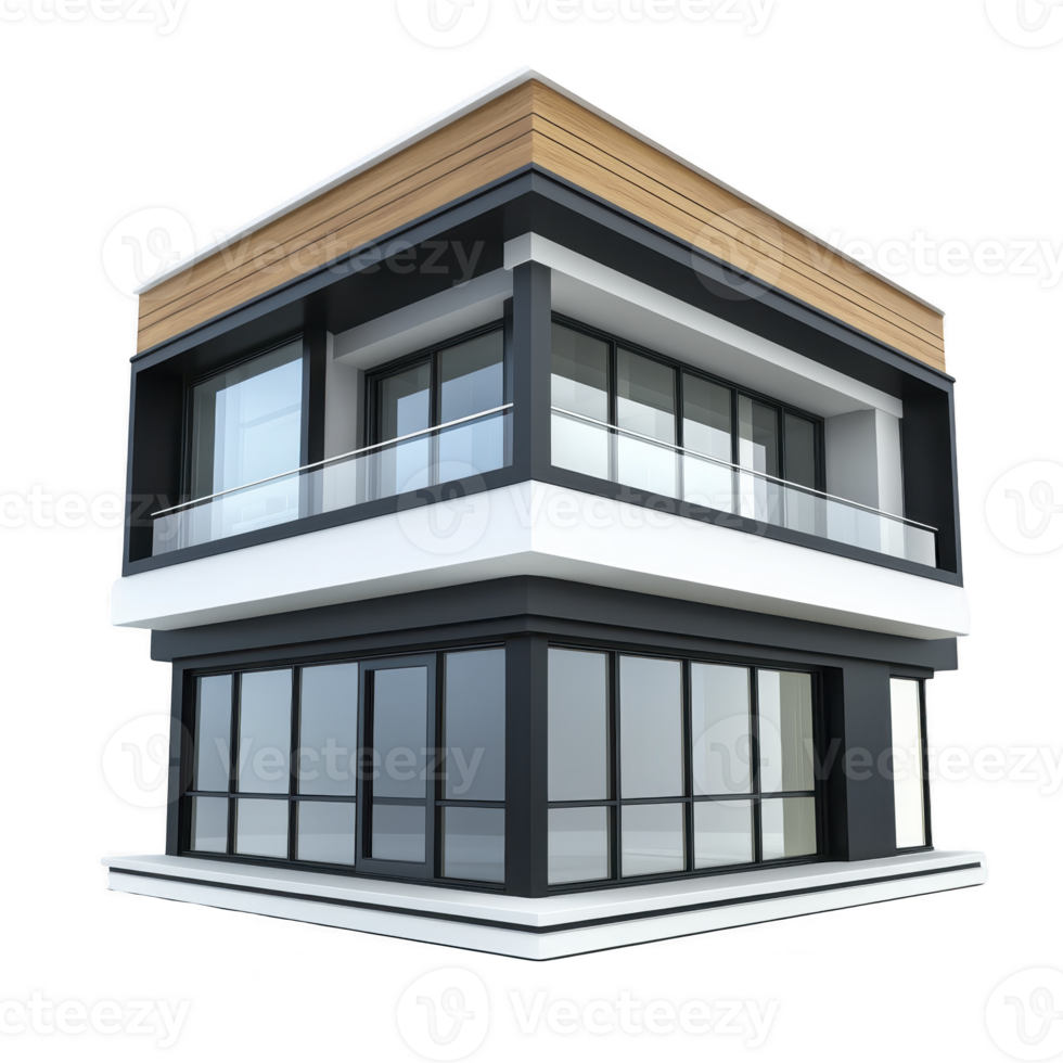 modern two story building with large glass windows and flat roof, featuring sleek design and balcony on upper floor. structure combines dark and light colors for contemporary look png