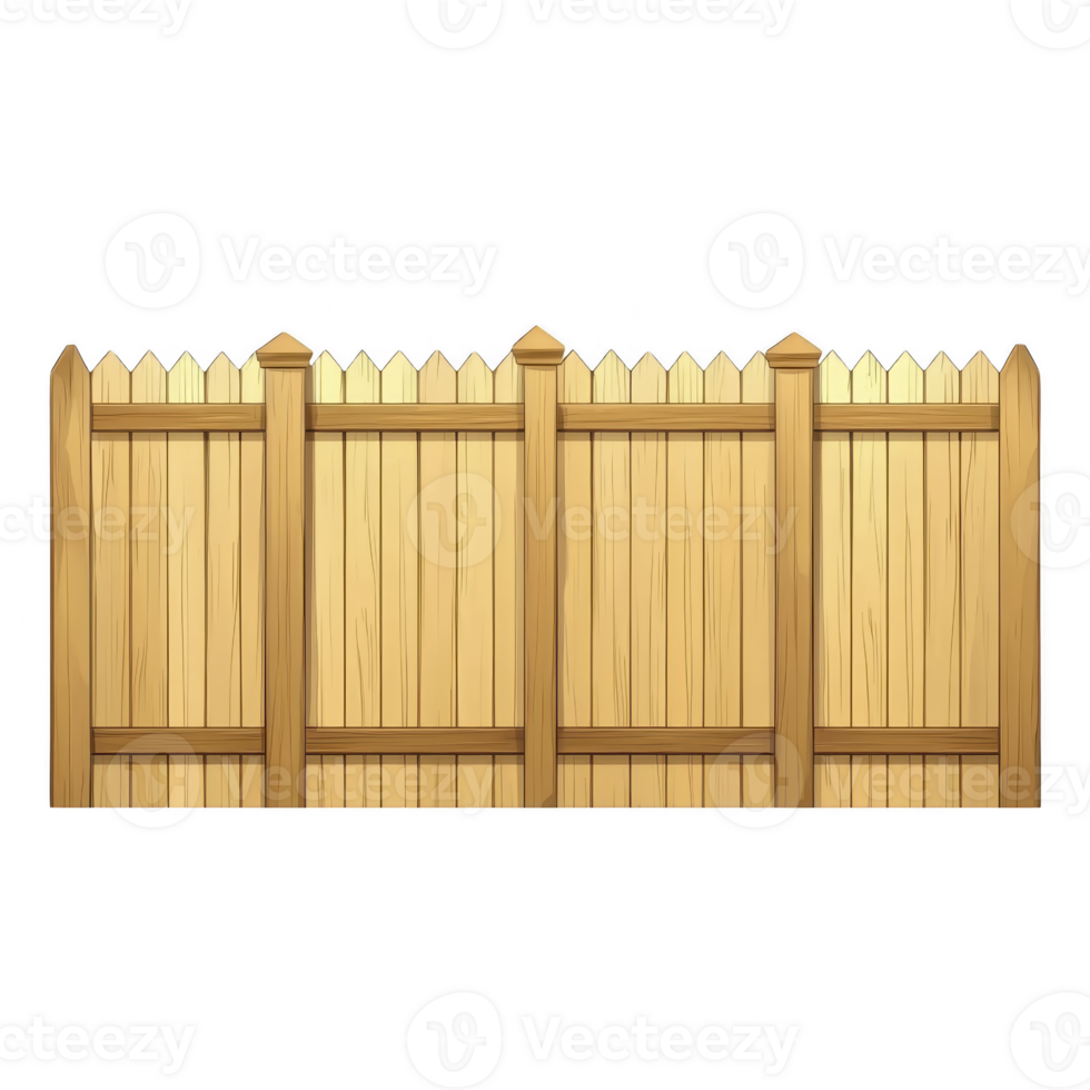 wooden fence with vertical planks and natural finish stands tall, providing sense of privacy and security. fence features pointed tops and sturdy posts, ideal for gardens or backyards png