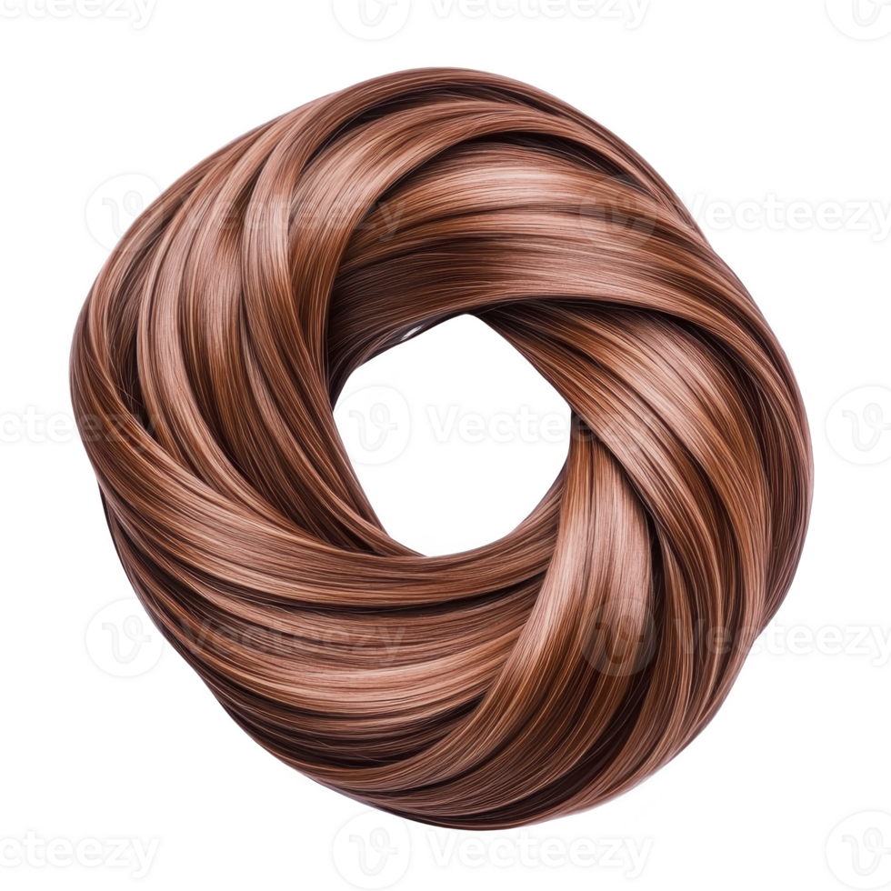 This features swirl of shiny, smooth, brown hair strands arranged circular pattern, creating visually appealing and elegant design. texture and color of hair are highlighted, showcasing its glossy png
