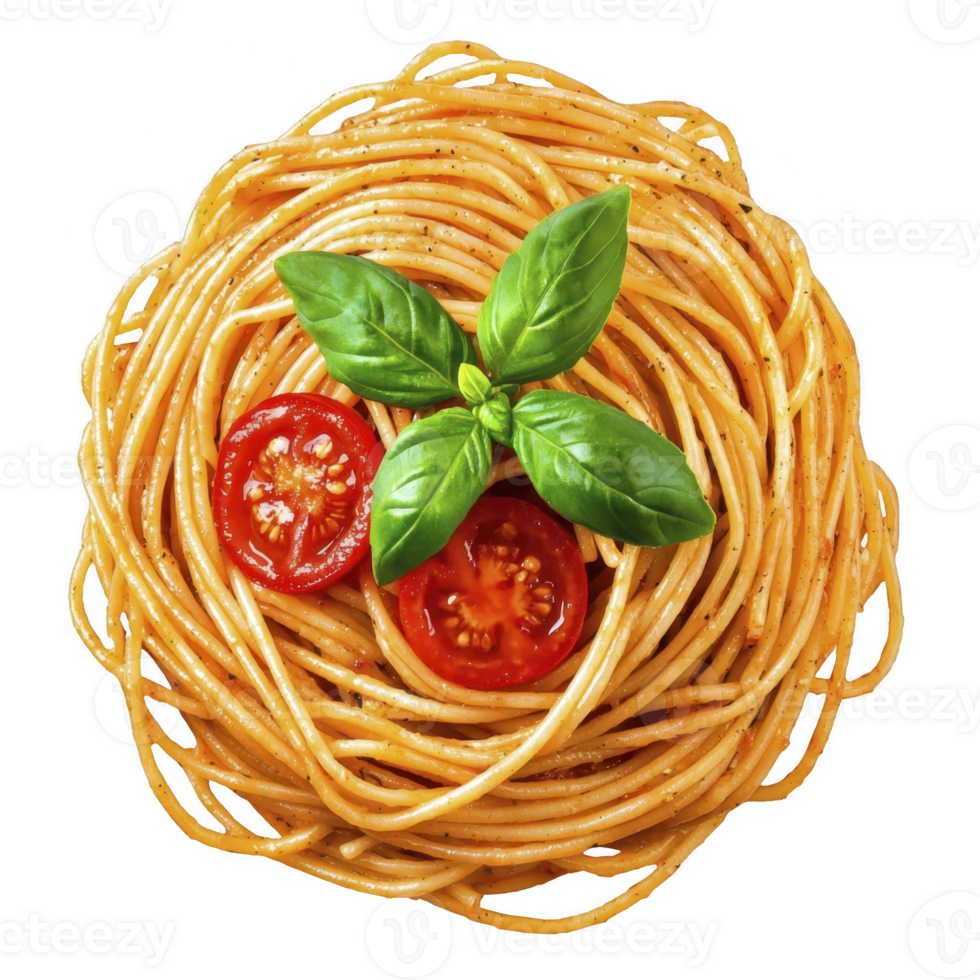 nest of cooked spaghetti topped with fresh basil leaves and sliced cherry tomatoes, creating vibrant and appetizing presentation png