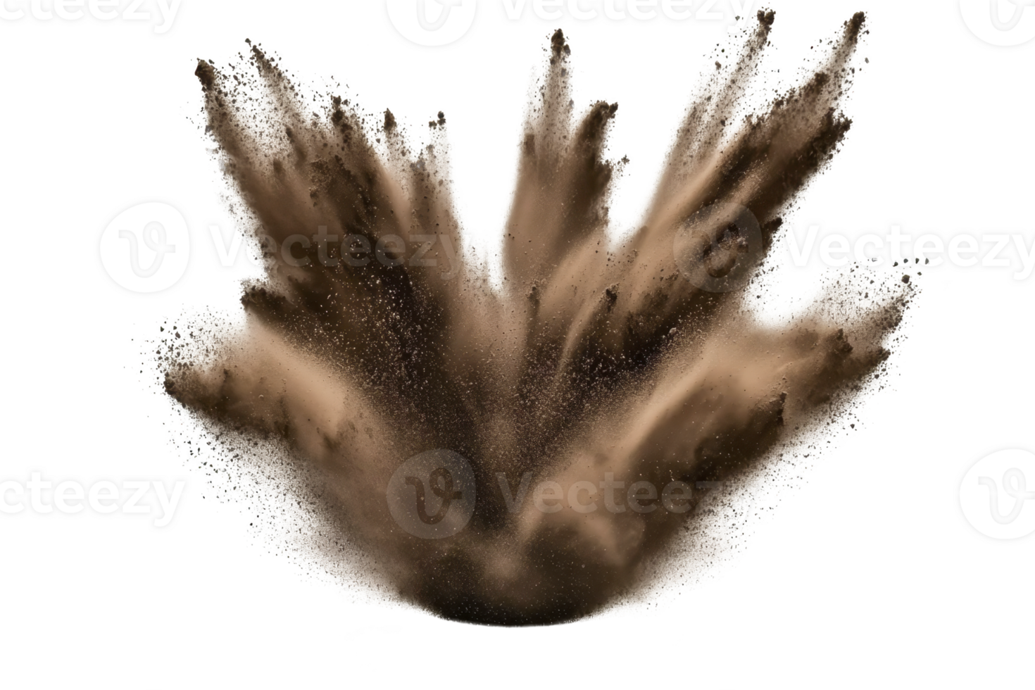 dynamic explosion of brown powder creates dramatic burst against transparency background, capturing energy and movement of particles in mid air png