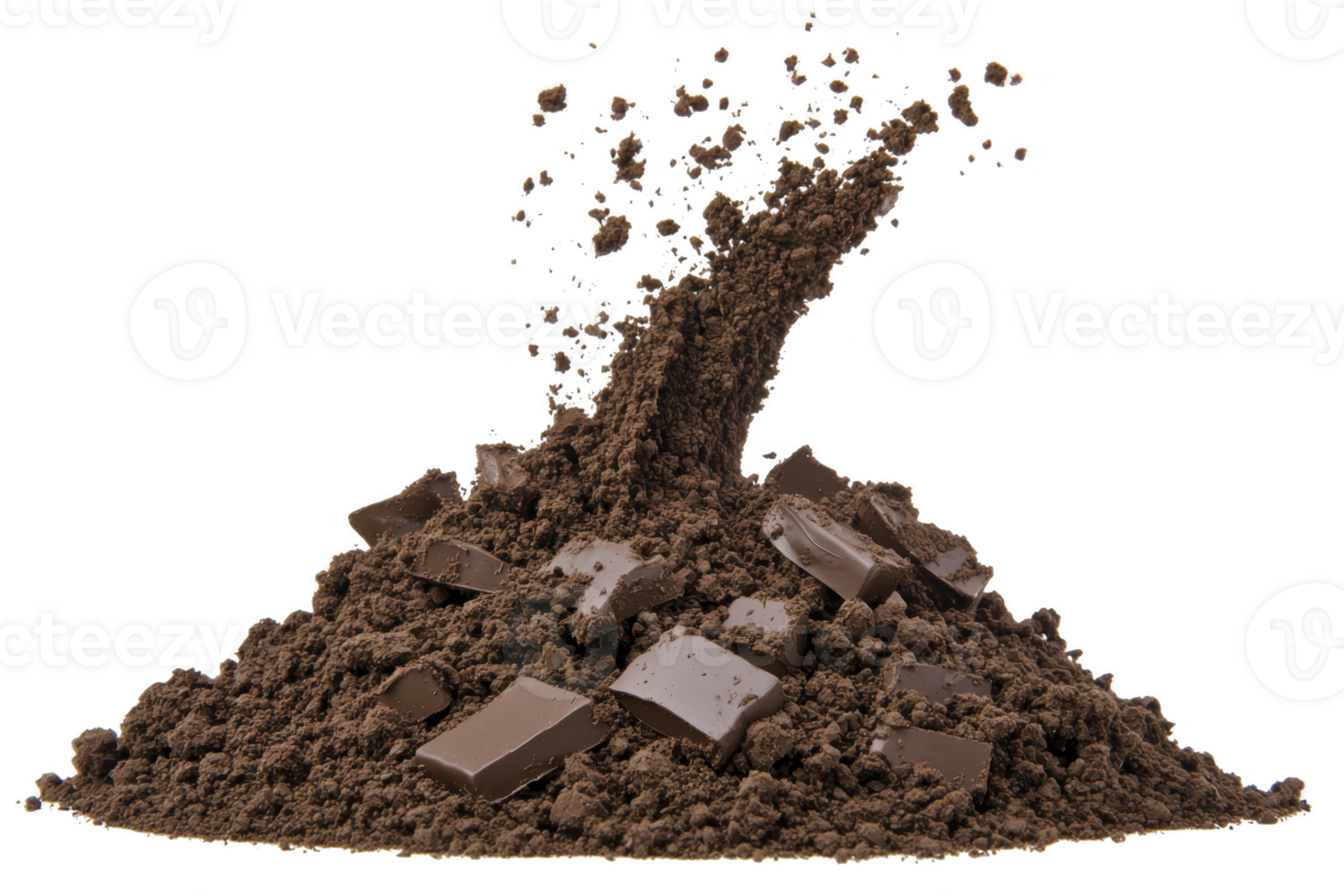 pile of rich, dark cocoa powder with scattered chocolate chunks creates tempting and indulgent scene, perfect for dessert lovers and baking enthusiasts png