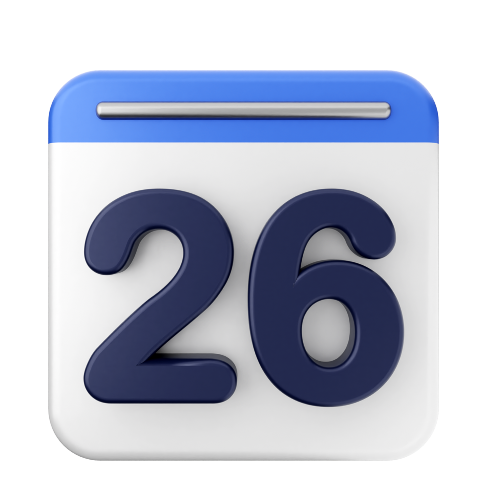 A blue and white calendar icon with the number 26 png