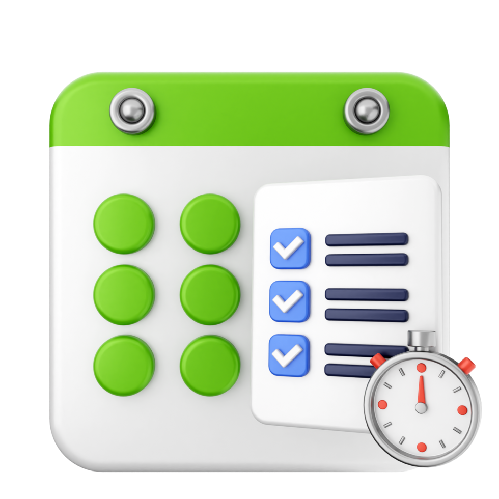 A calendar with check marks and a clock png