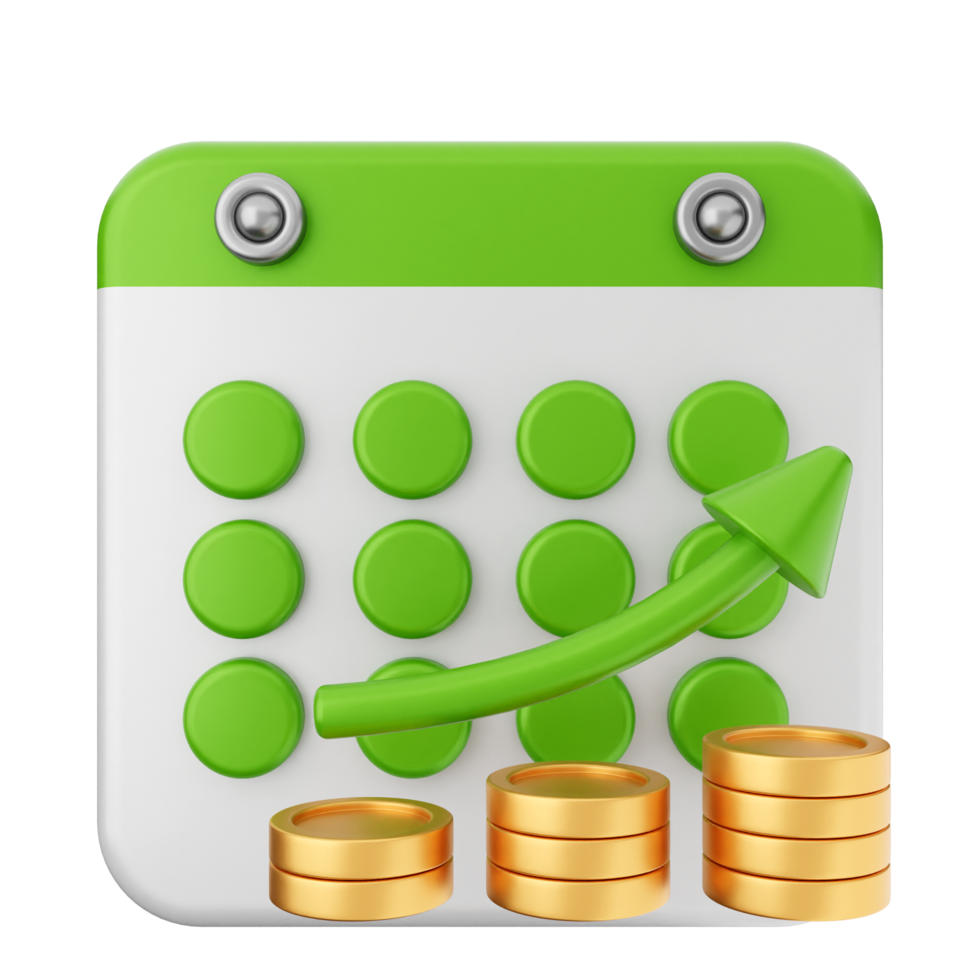 A green calendar with a green arrow and coins png