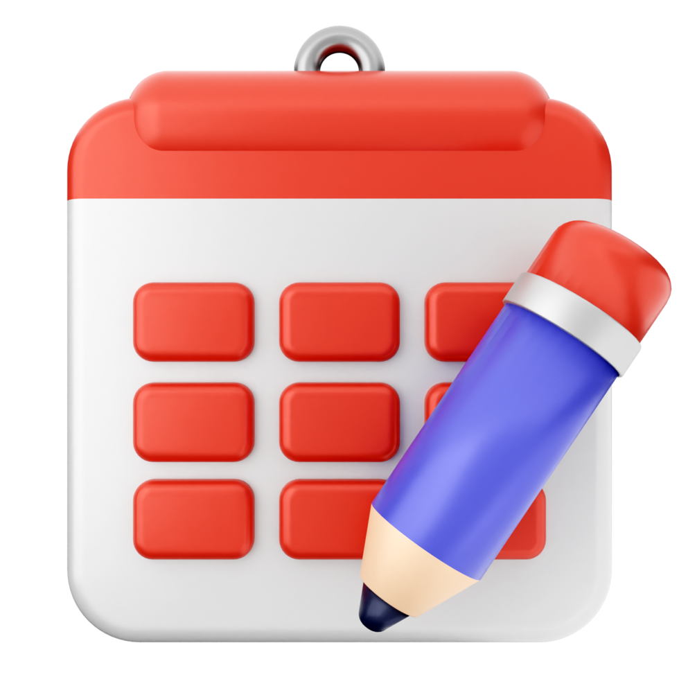 A red and white calendar with a pencil png