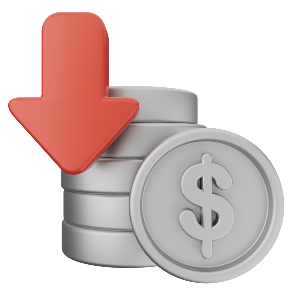 A stack of coins with a red arrow pointing down png