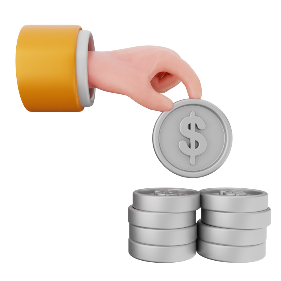 A hand is putting coins into a stack of coins png