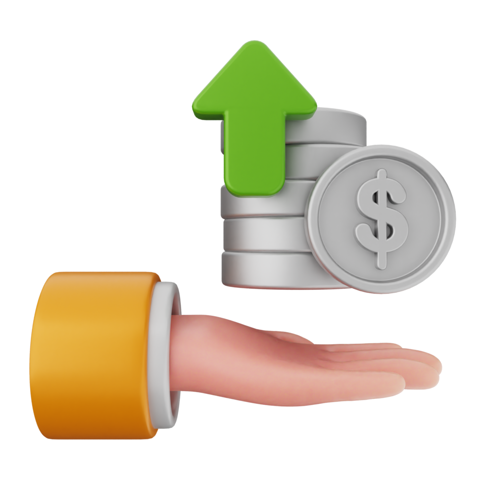 A hand holding a stack of coins and an arrow pointing up png