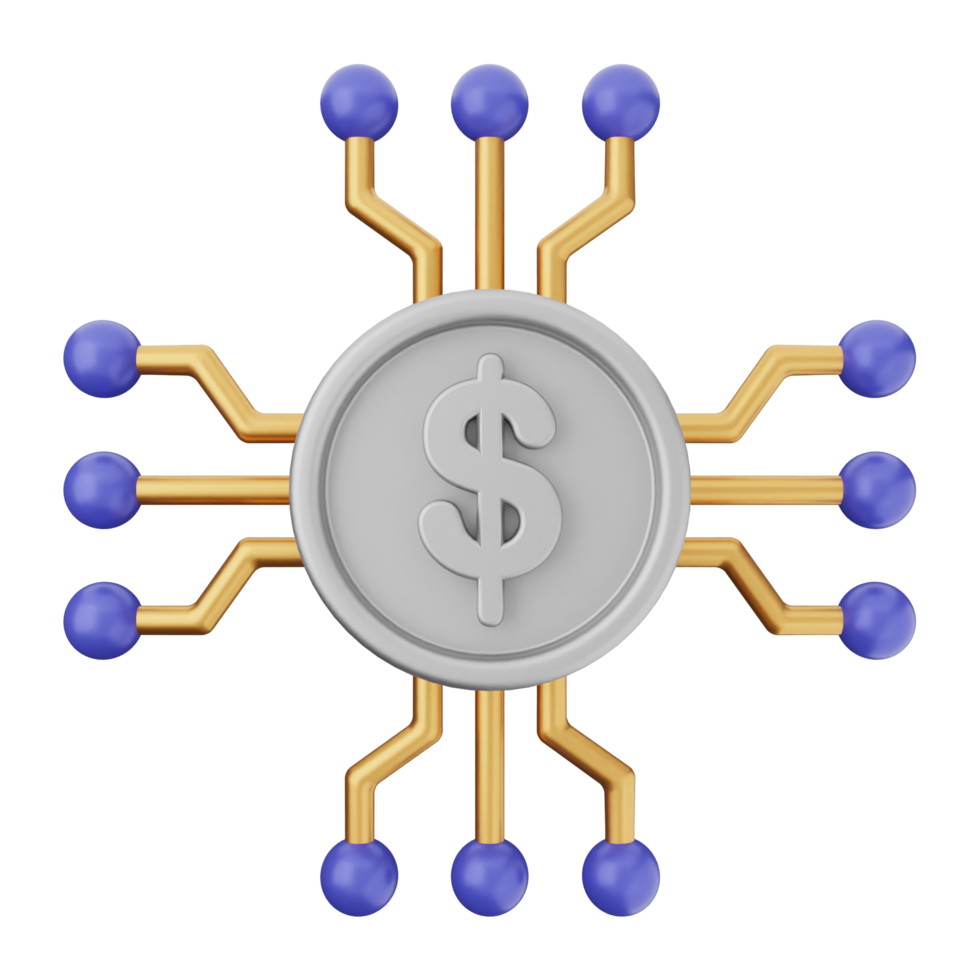 A dollar coin surrounded by blue and red spheres png