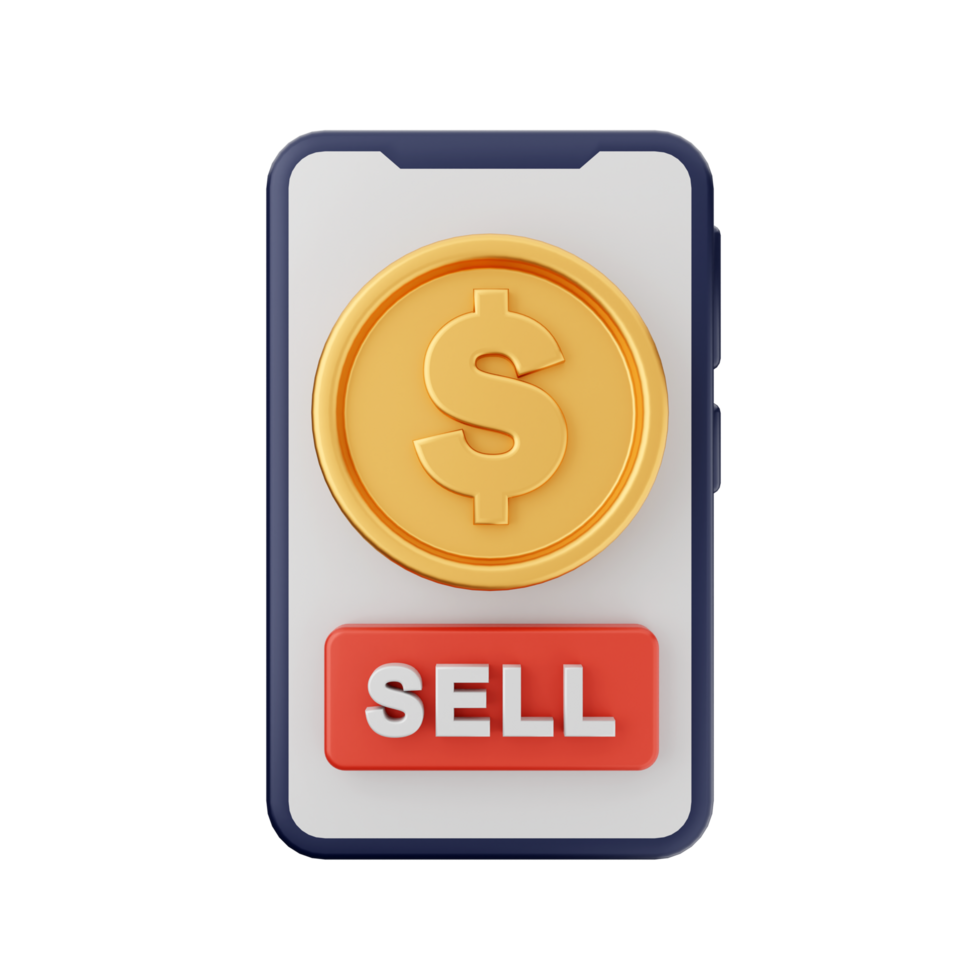 3d illustration of a smartphone with a gold coin and the word sell png