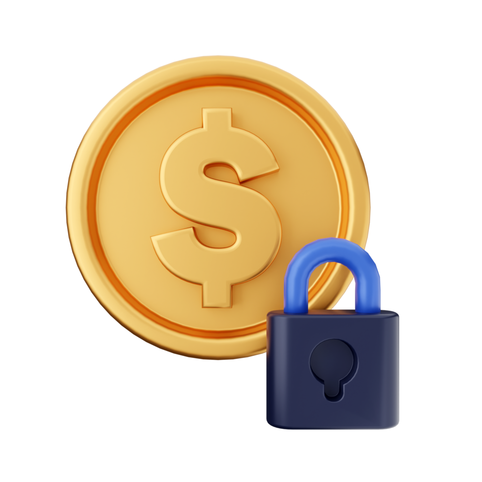 Golden dollar coin with padlock on black background png