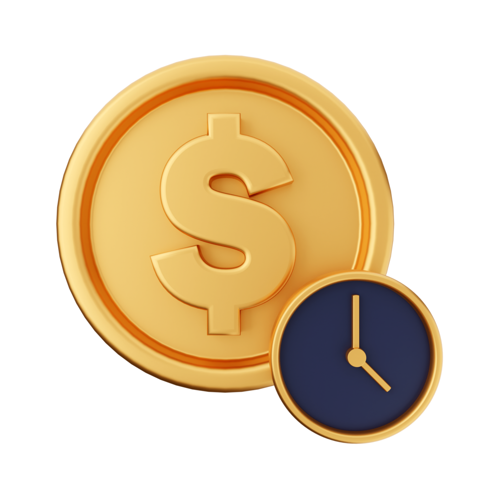 Golden dollar coin and clock on black background png