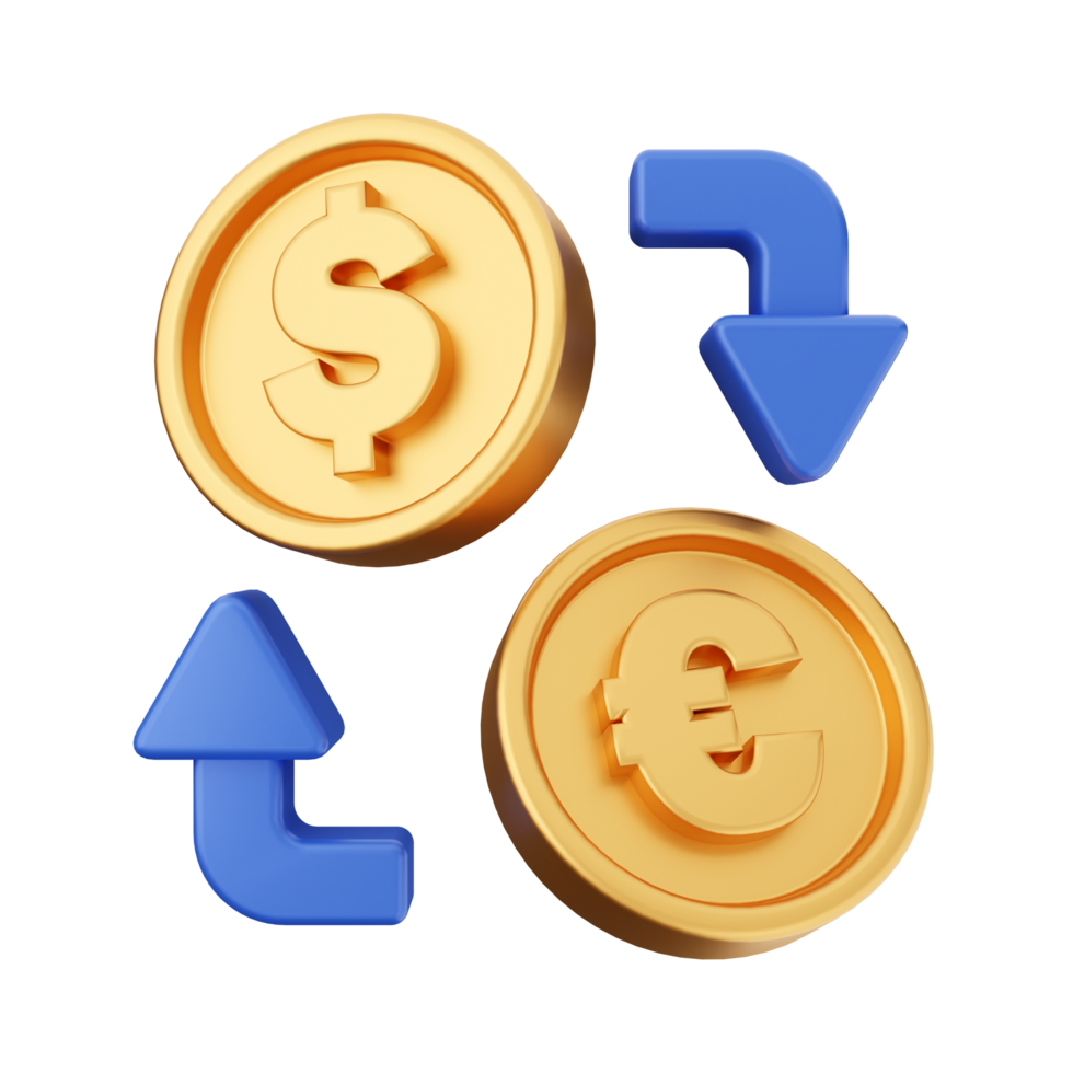 Gold coins with euro and dollar symbols png