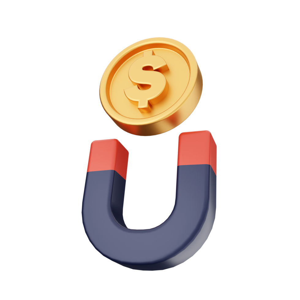 3d illustration of a dollar coin and magnet on the letter u png