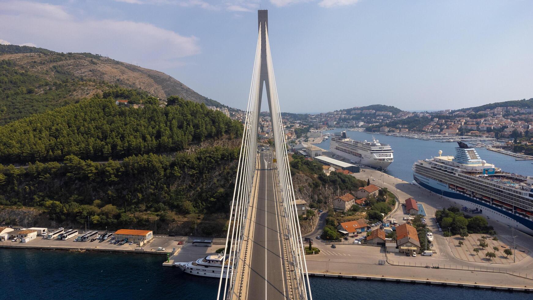 Dubrovnik, Croatia, 08-28-2024, Abstract view of Franjo Tudman Bridge, a cable-stayed bridge, engineering work built for transportation and travel, near the port of Dubrovnik in Croatia photo