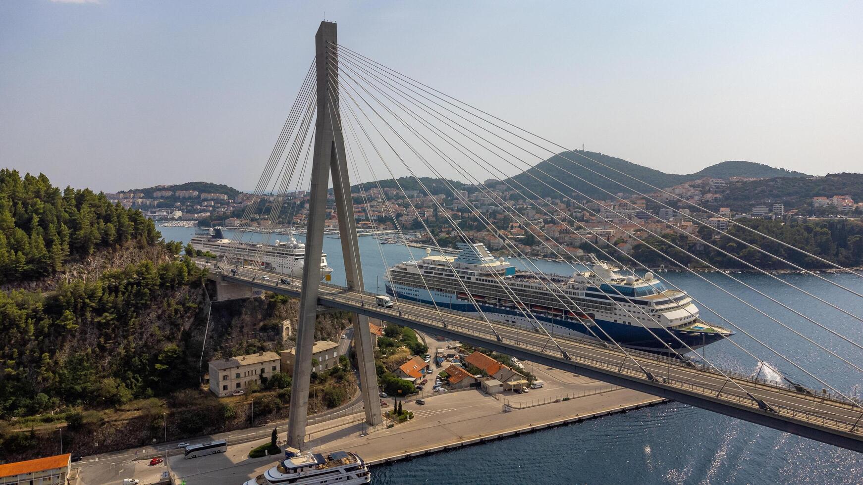 Aerial view of Franjo Tudman Bridge with background of Gruz port with docked cruise ships on a sunny summer day, Dubrovnik city suburb, Croatia photo