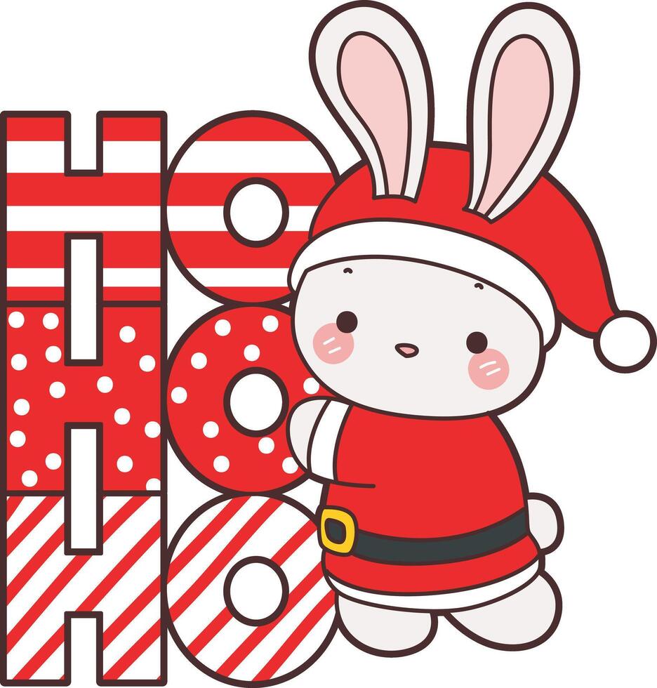 Baby santa bunny with ho ho ho decoration. Illustration of cute bunny icon. Funny rabbit in daily activities elements. vector