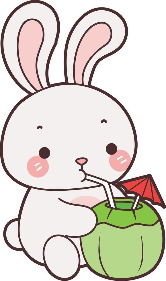 Baby bunny drinking a coconut. Illustration of cute bunny icon. Funny rabbit in daily activities elements. vector