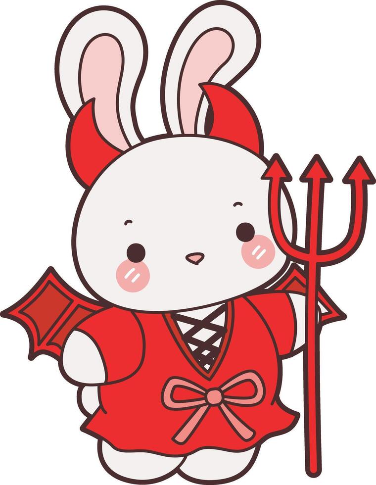 Baby bunny with red devil costume in halloween. Illustration of cute bunny icon. Funny rabbit in daily activities elements. vector
