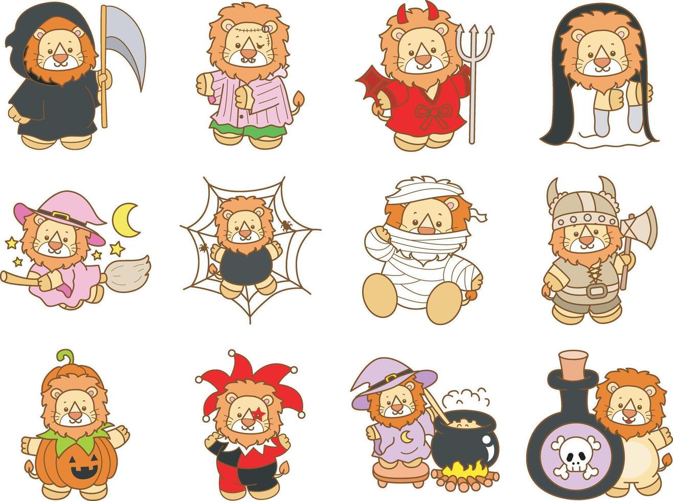 Baby lion in the variation of halloween party. Cute Lion icon. Funny baby Lion animal series stock illustration. life of fluffy Lion designs. vector