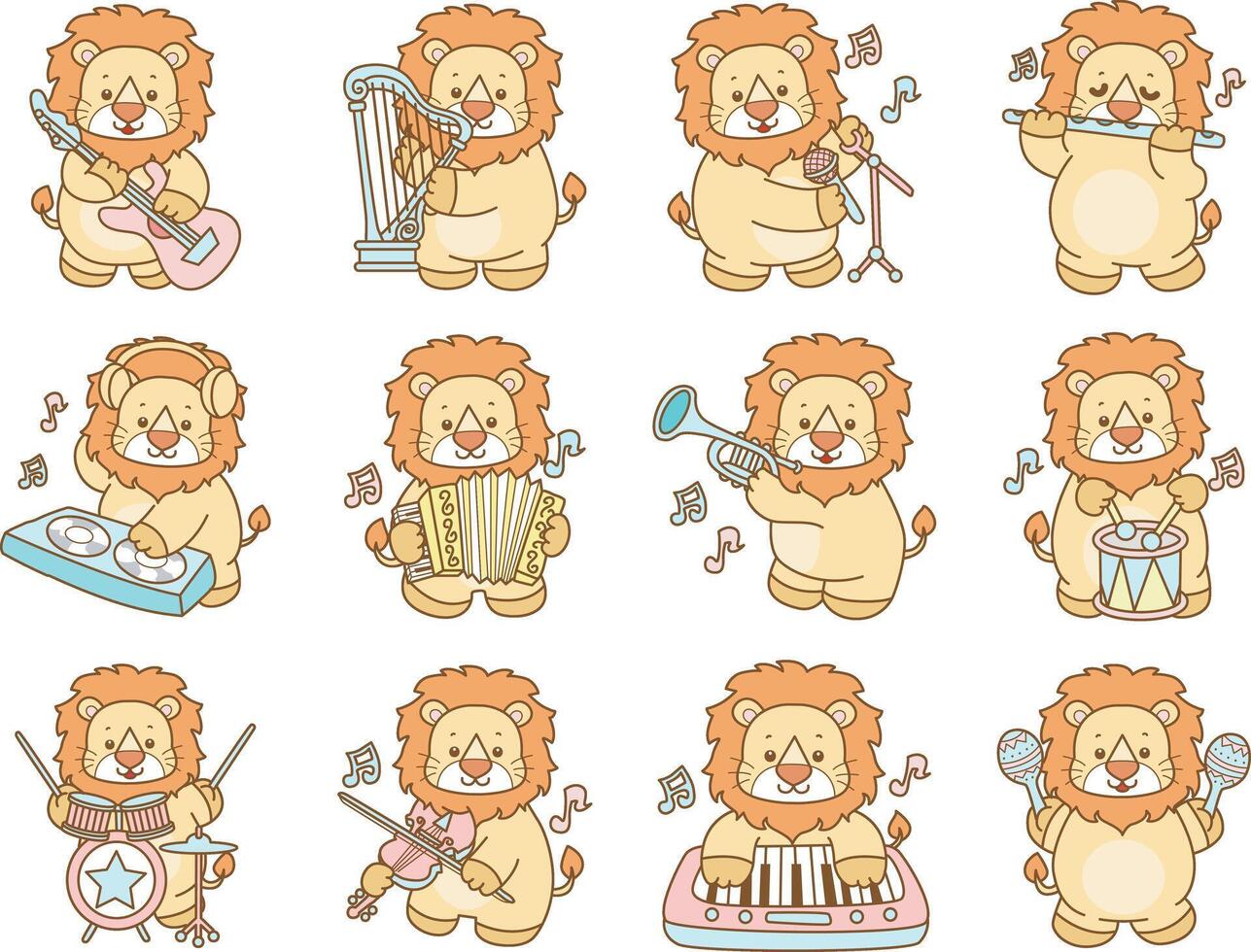 Baby lion in the variation music and instrument.Cute Lion icon. Funny baby Lion animal series stock illustration. life of fluffy Lion designs. vector