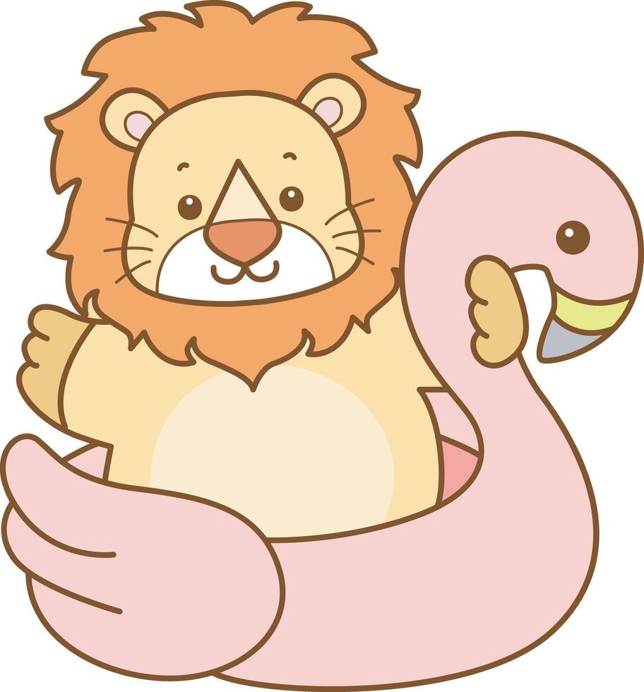 Baby lion stuck in the flamingo tire. Cute Lion icon. Funny baby Lion animal series stock illustration. life of fluffy Lion designs. vector