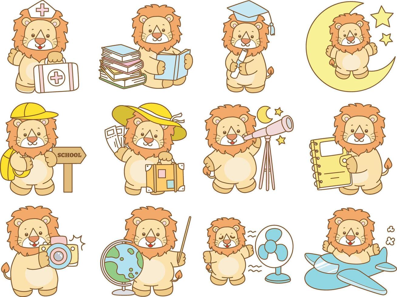 Baby lion in the education and smart activites. Cute Lion icon. Funny baby Lion animal series stock illustration. life of fluffy Lion designs. vector