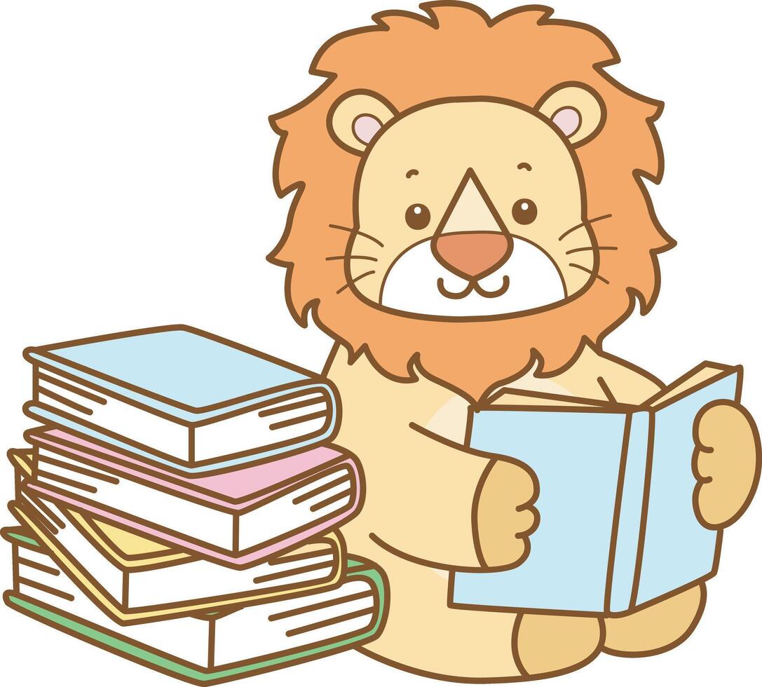 Baby lion reading a book. Cute Lion icon. Funny baby Lion animal series stock illustration. life of fluffy Lion designs. vector